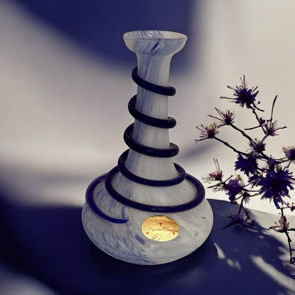 Murano Style Art Glass Vase Light & Dark Blue Swirl with Black Coil Accent – Lab